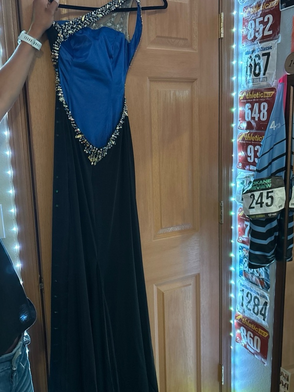 Black Evening Gown with Blue Bodice and Beaded Trim